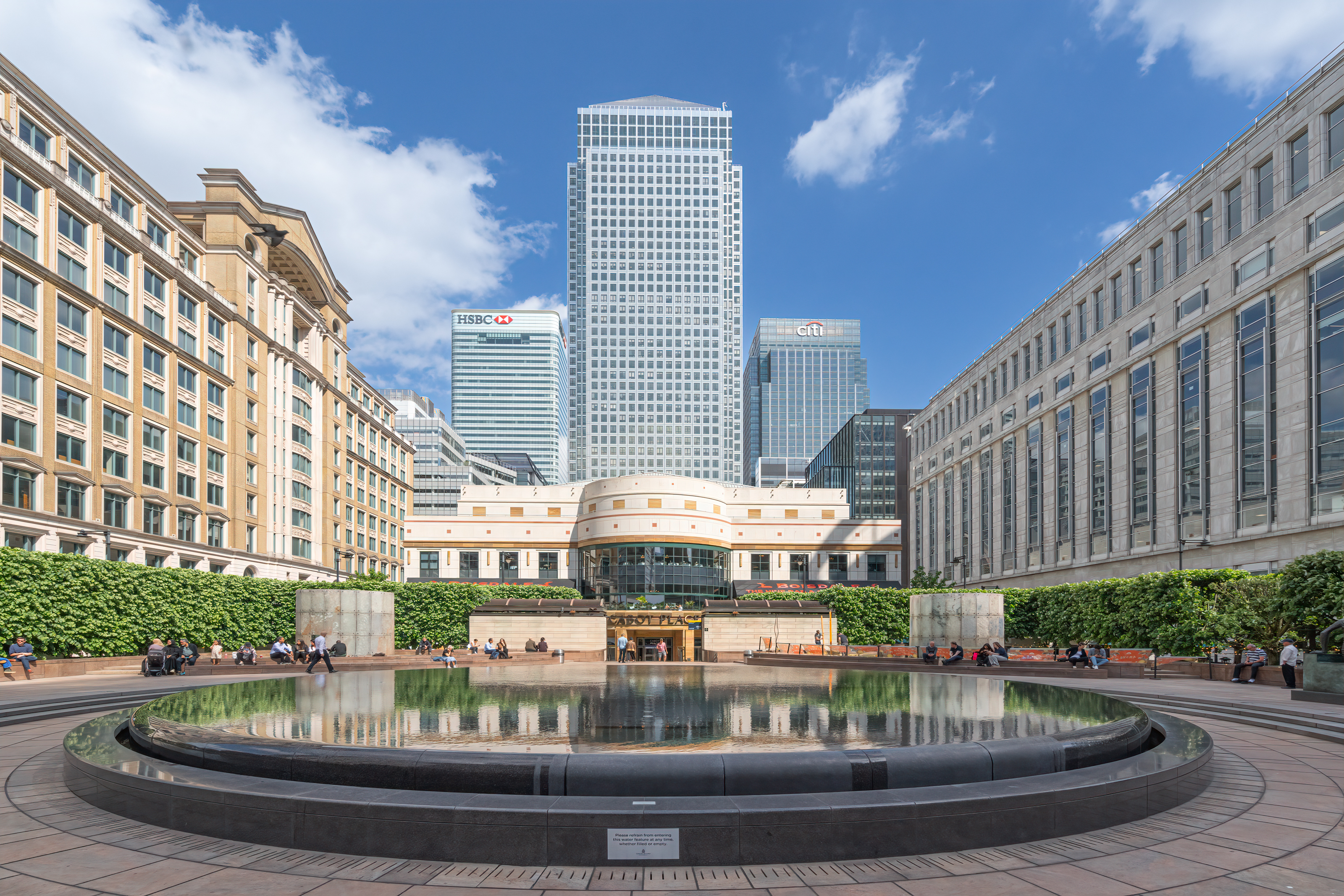 London,Canary Wharf,England on 24th May 2023: Cabot Square is one of the central squares of the Canary Wharf Development on the Isle of Dogs.It is overlooked by Citi Bank And HSBC